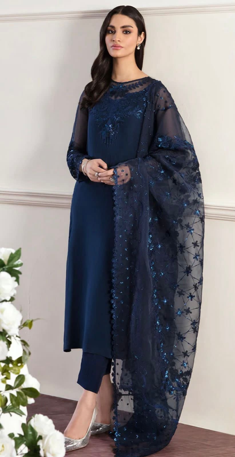 Embroidered Organza Dupatta, Satin Silk Trouser & Malai Inner | Pakistani Party Wear