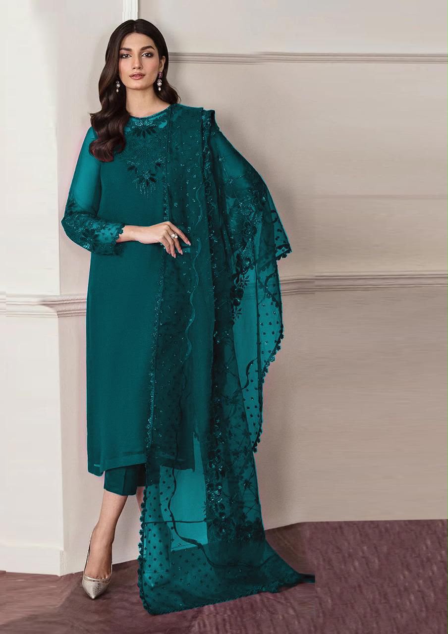 Luxury Unstitched 3 Piece Pakistani Dress with Embroidered Organza Dupatta & Satin Silk Trouser