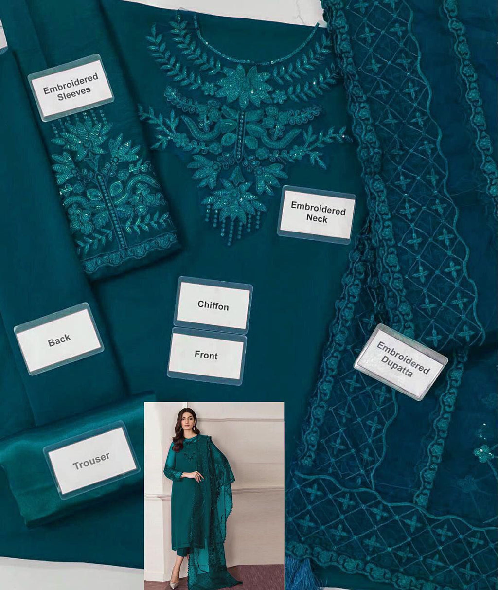 Luxury Unstitched 3 Piece Pakistani Dress with Embroidered Organza Dupatta & Satin Silk Trouser