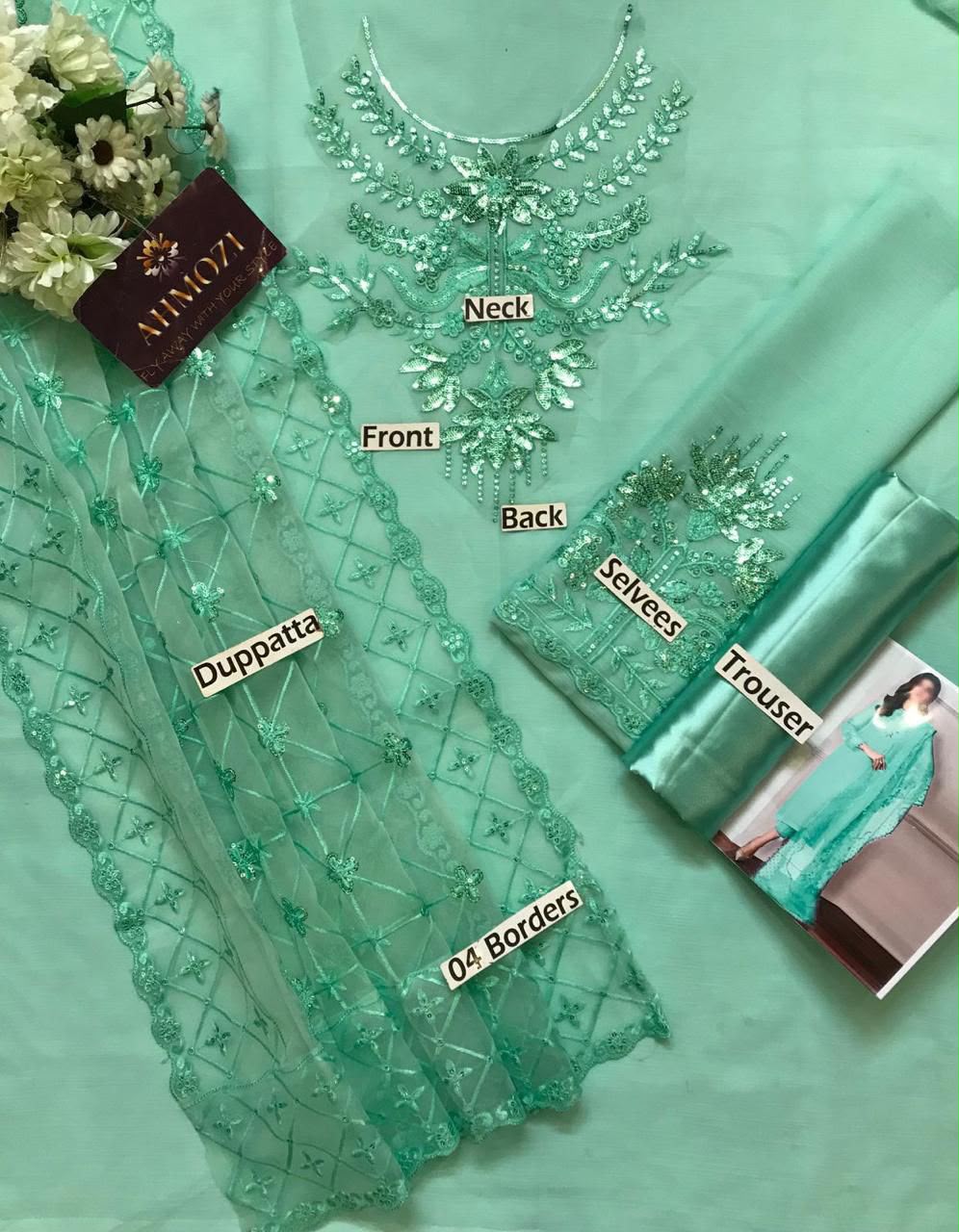 Sequence Embroidered Neck, Organza Dupatta & Satin Silk Trouser