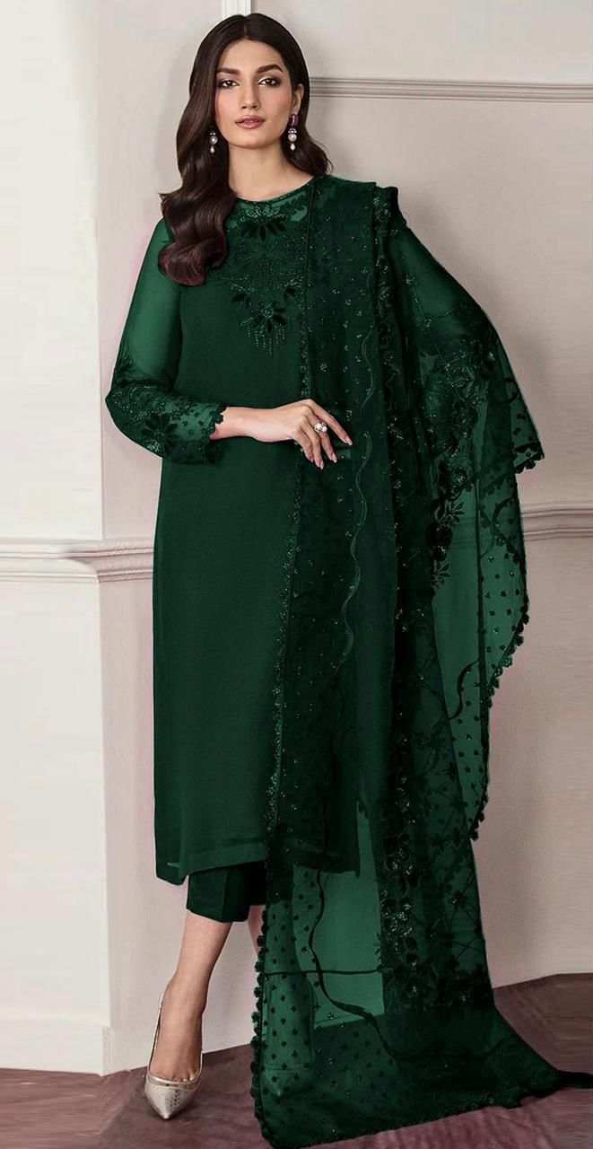 Sequence Embroidered Neck, Organza Dupatta & Satin Silk Trouser
