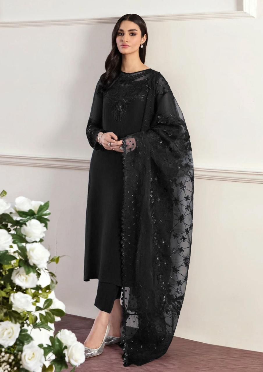 Sequence Embroidered Dress with, Organza Dupatta & Satin Silk Trouser