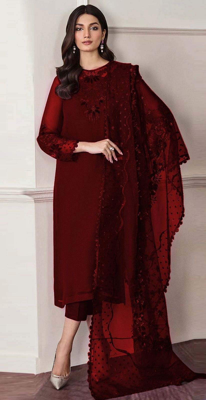 Unstitched 3 Piece  Dress with Embroidered Organza Dupatta & Satin Silk Trouser