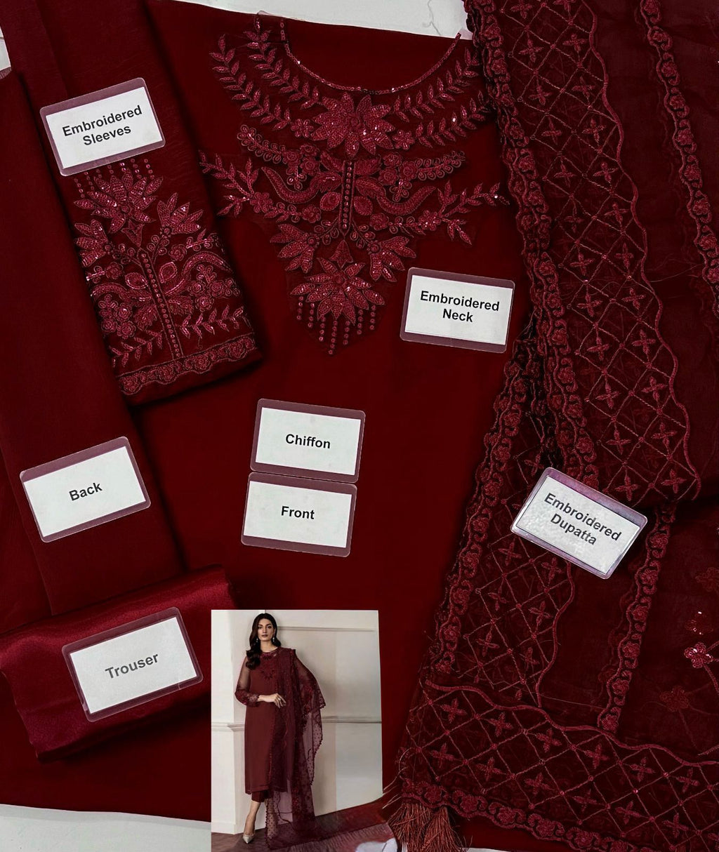 Unstitched 3 Piece  Dress with Embroidered Organza Dupatta & Satin Silk Trouser