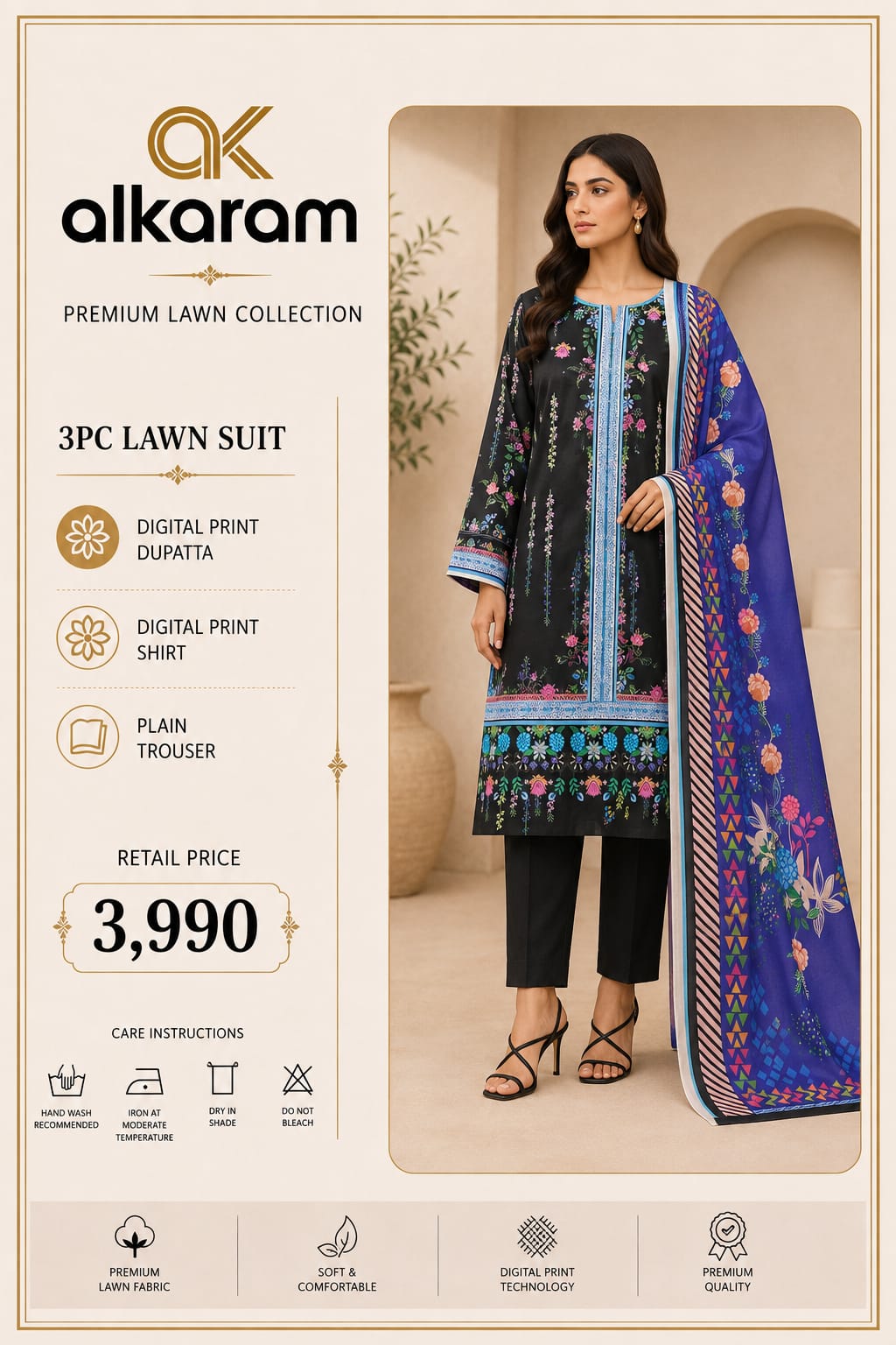ALKARAM Lawn 2026 Vol. Original Base 3 Piece Printed Lawn Suit