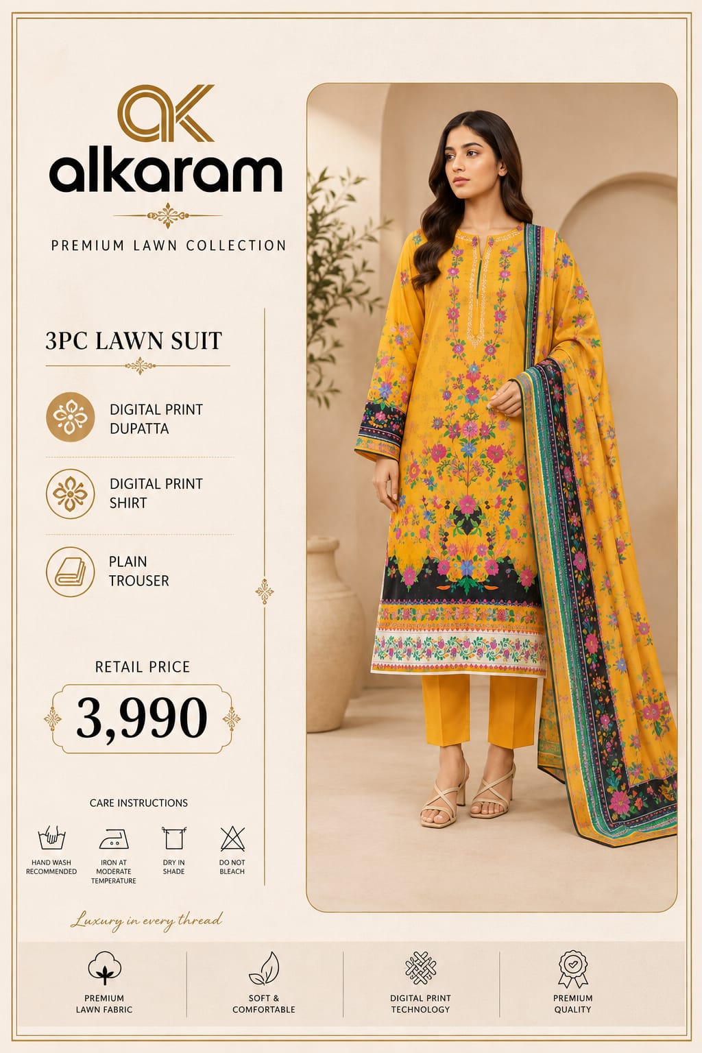 ALKARAM Lawn 2026 Vol. Original Base 3 Piece Printed Lawn Suit