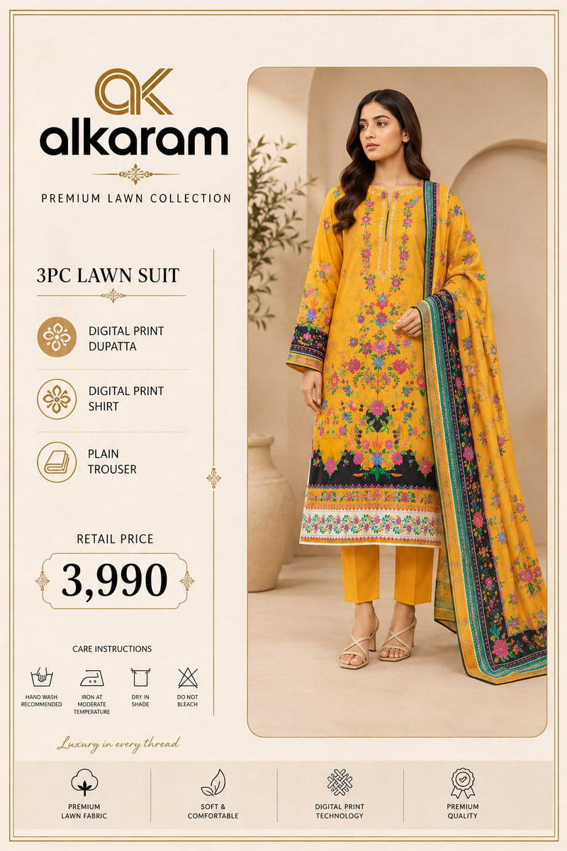 ALKARAM Lawn 2026 Vol. Original Base 3 Piece Printed Lawn Suit
